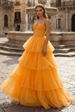 Hot Pink Ball Gown Tiered Tulle Long Prom Dress