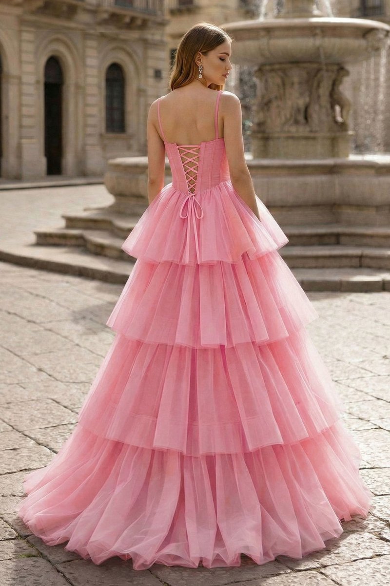 Hot Pink Ball Gown Tiered Tulle Long Prom Dress