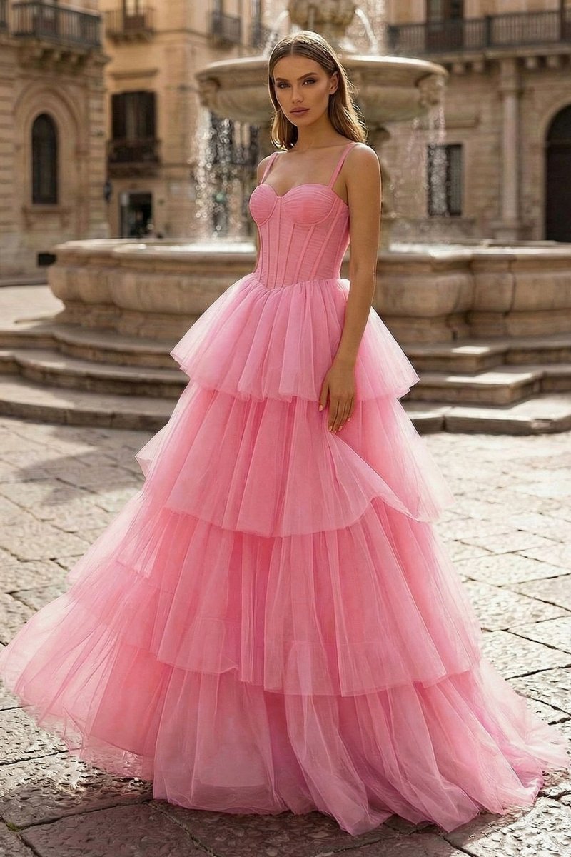 Hot Pink Ball Gown Tiered Tulle Long Prom Dress