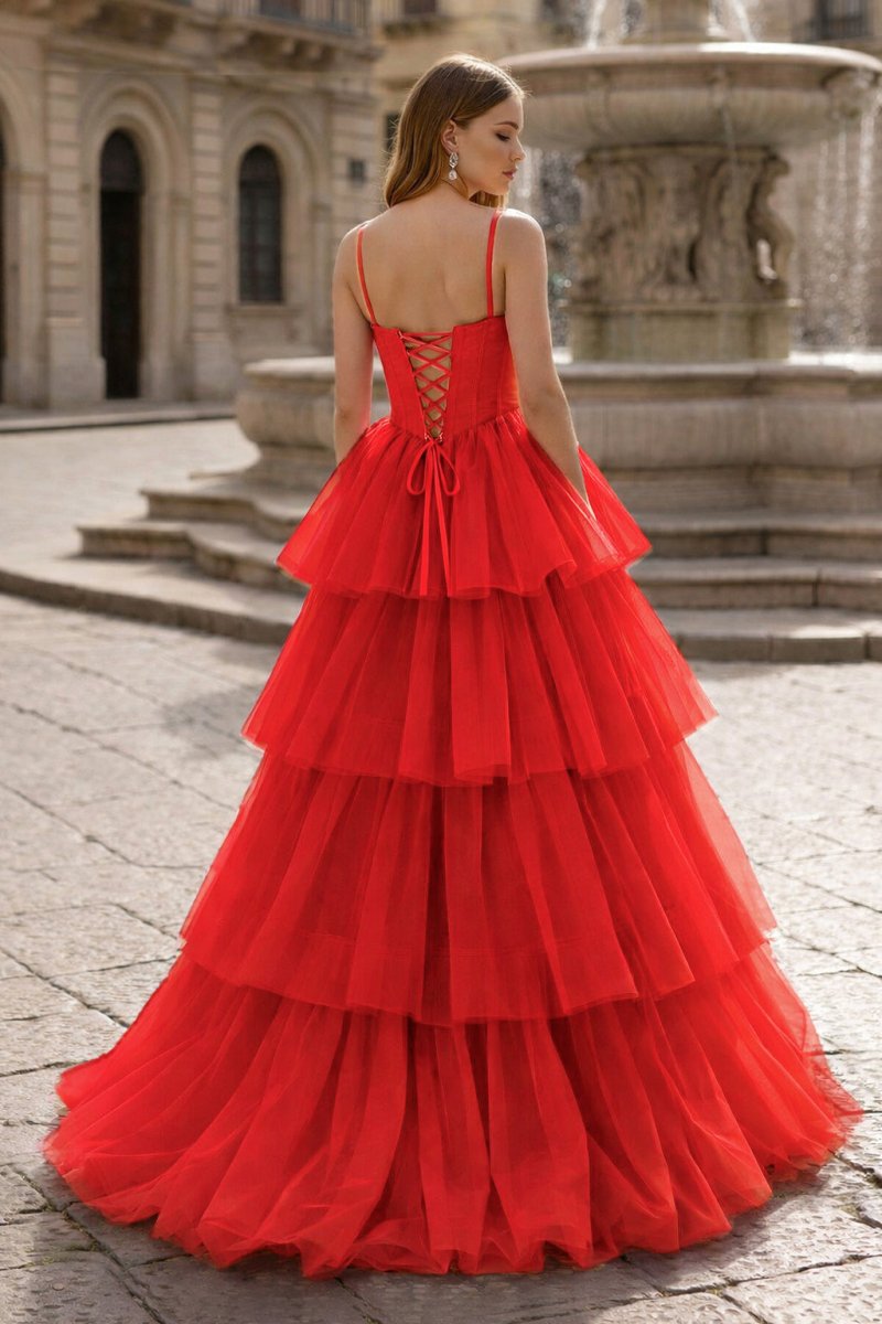 Hot Pink Ball Gown Tiered Tulle Long Prom Dress