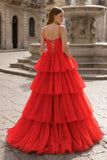 Hot Pink Ball Gown Tiered Tulle Long Prom Dress