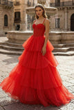 Hot Pink Ball Gown Tiered Tulle Long Prom Dress