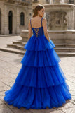 Hot Pink Ball Gown Tiered Tulle Long Prom Dress