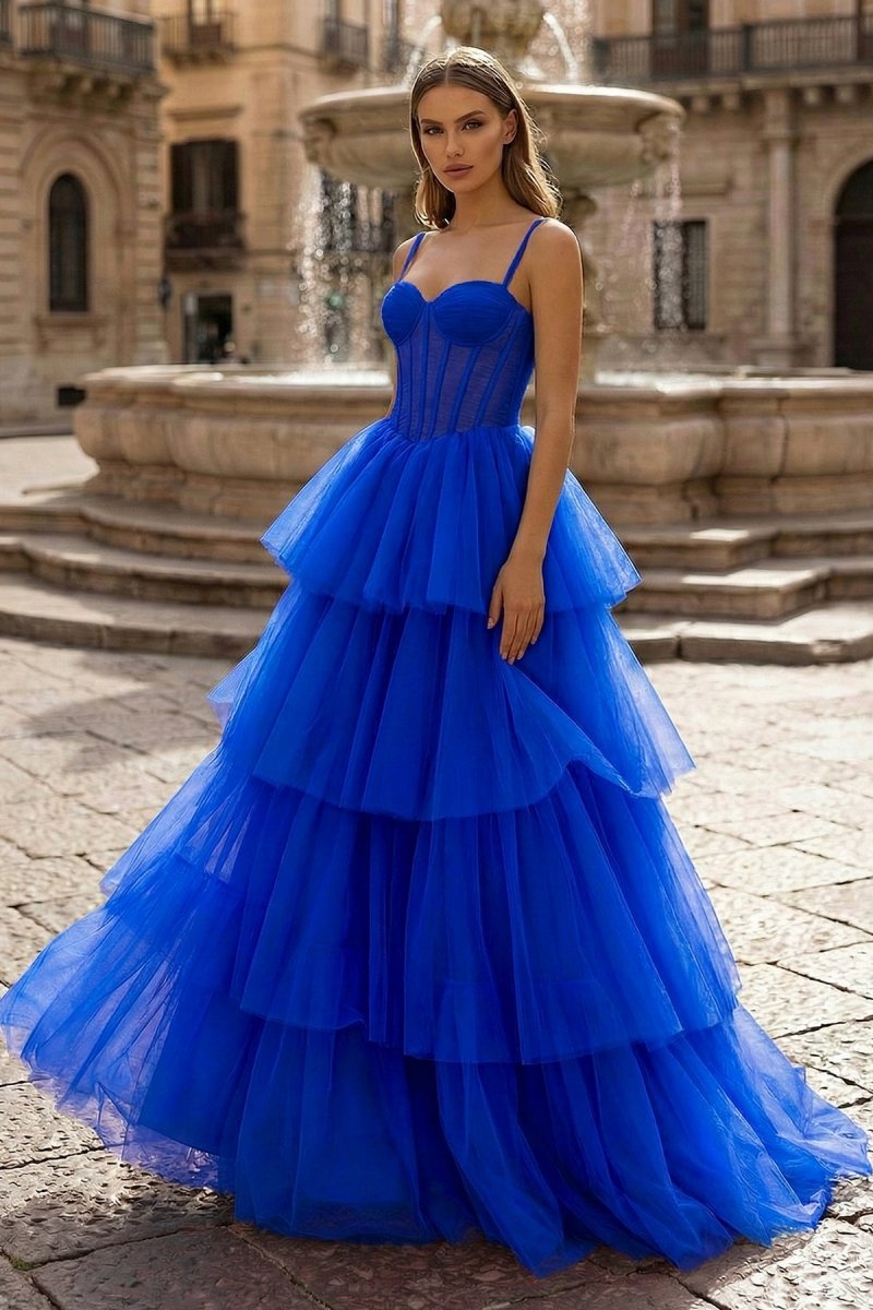 Hot Pink Ball Gown Tiered Tulle Long Prom Dress