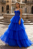Hot Pink Ball Gown Tiered Tulle Long Prom Dress