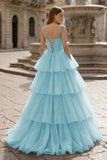 Hot Pink Ball Gown Tiered Tulle Long Prom Dress