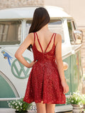 Red - A Line V Neck Sequined Short Homecoming Dresses