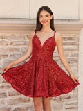 Red - A Line V Neck Sequined Short Homecoming Dresses
