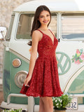 Red - A Line V Neck Sequined Short Homecoming Dresses