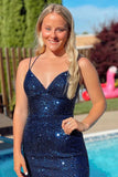 Bodycon V Neck Blue Sequins Mini Party Dresses