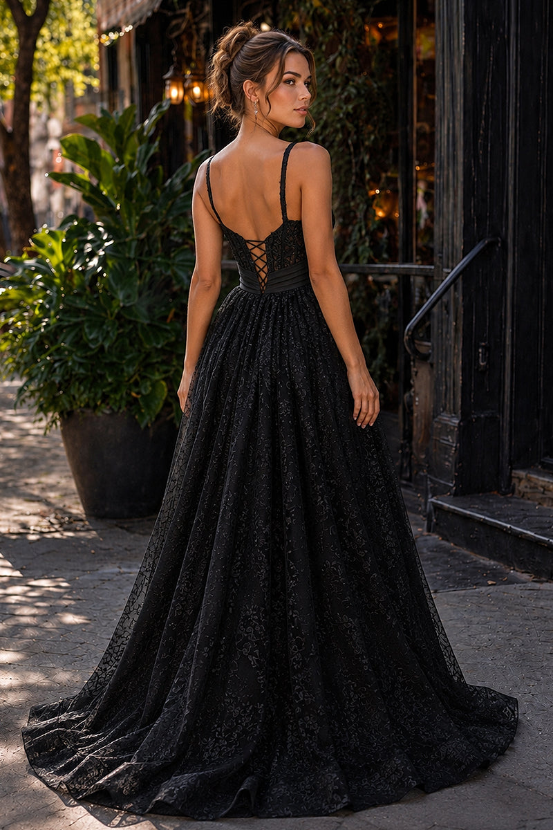 Pink Spaghetti Straps A Line Sequined Lace Long Prom Dresses With Bow