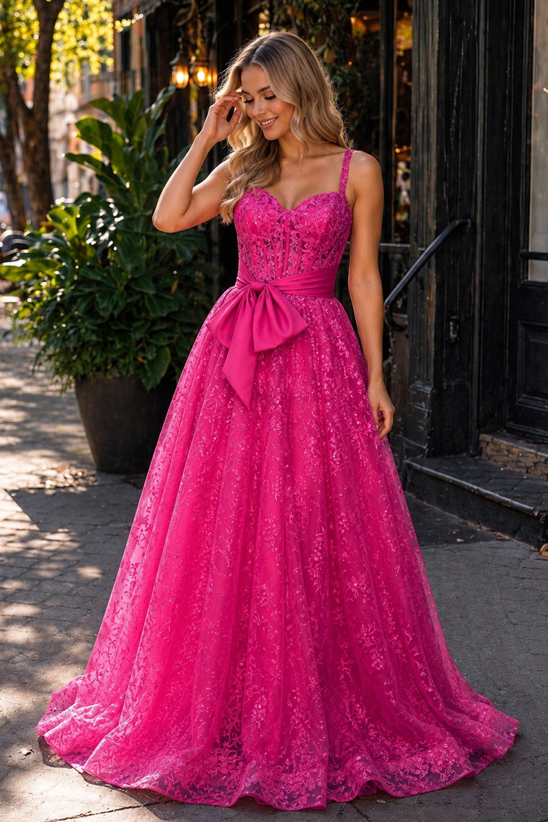 Pink Spaghetti Straps A Line Sequined Lace Long Prom Dresses With Bow