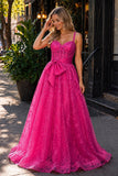 Pink Spaghetti Straps A Line Sequined Lace Long Prom Dresses With Bow