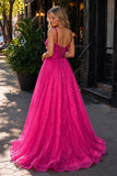 Pink Spaghetti Straps A Line Sequined Lace Long Prom Dresses With Bow