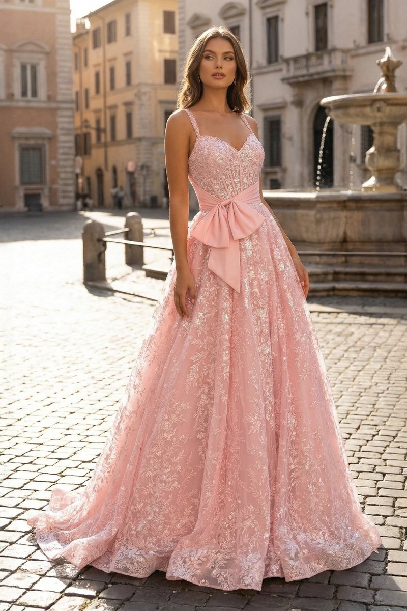 Pink Spaghetti Straps A Line Sequined Lace Long Prom Dresses With Bow