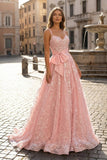 Pink Spaghetti Straps A Line Sequined Lace Long Prom Dresses With Bow