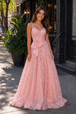 Pink Spaghetti Straps A Line Sequined Lace Long Prom Dresses With Bow