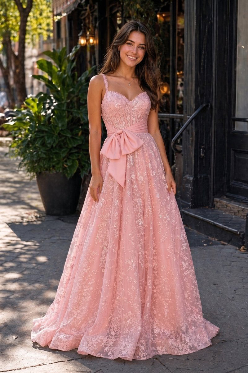 Pink Spaghetti Straps A Line Sequined Lace Long Prom Dresses With Bow