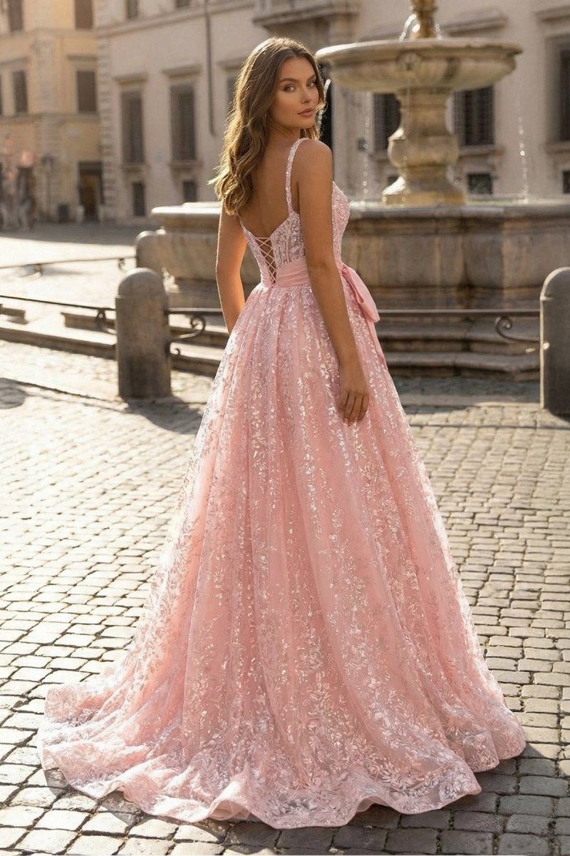 Pink Spaghetti Straps A Line Sequined Lace Long Prom Dresses With Bow