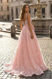 Pink Spaghetti Straps A Line Sequined Lace Long Prom Dresses With Bow