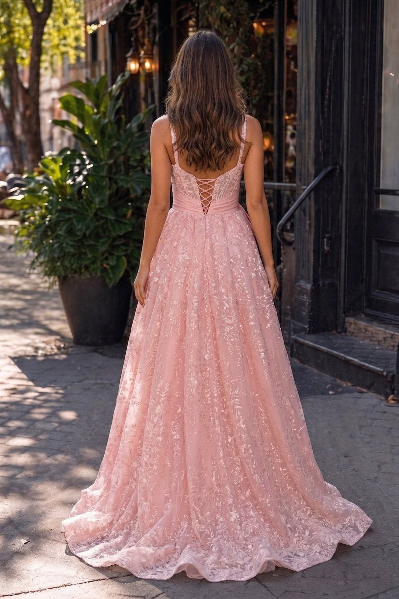 Pink Spaghetti Straps A Line Sequined Lace Long Prom Dresses With Bow