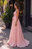 Pink Spaghetti Straps A Line Sequined Lace Long Prom Dresses With Bow