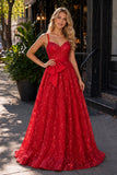 Pink Spaghetti Straps A Line Sequined Lace Long Prom Dresses With Bow