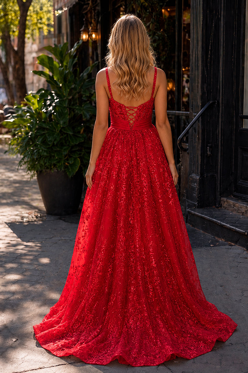 Pink Spaghetti Straps A Line Sequined Lace Long Prom Dresses With Bow