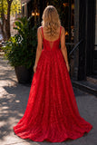 Pink Spaghetti Straps A Line Sequined Lace Long Prom Dresses With Bow