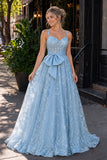 Pink Spaghetti Straps A Line Sequined Lace Long Prom Dresses With Bow