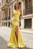 Mermaid Ruffles Strapless Mermaid Long Prom Dresses with Slit