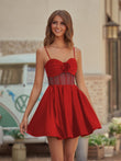 Red A Line Straps Satin Short Homecoming Dresses With Flower