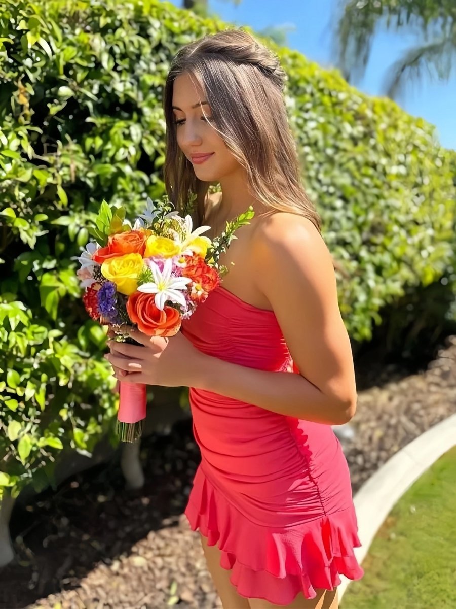 Hot Pink Strapless Bodycon Spandex Ruffles Short Homecoming Dresses