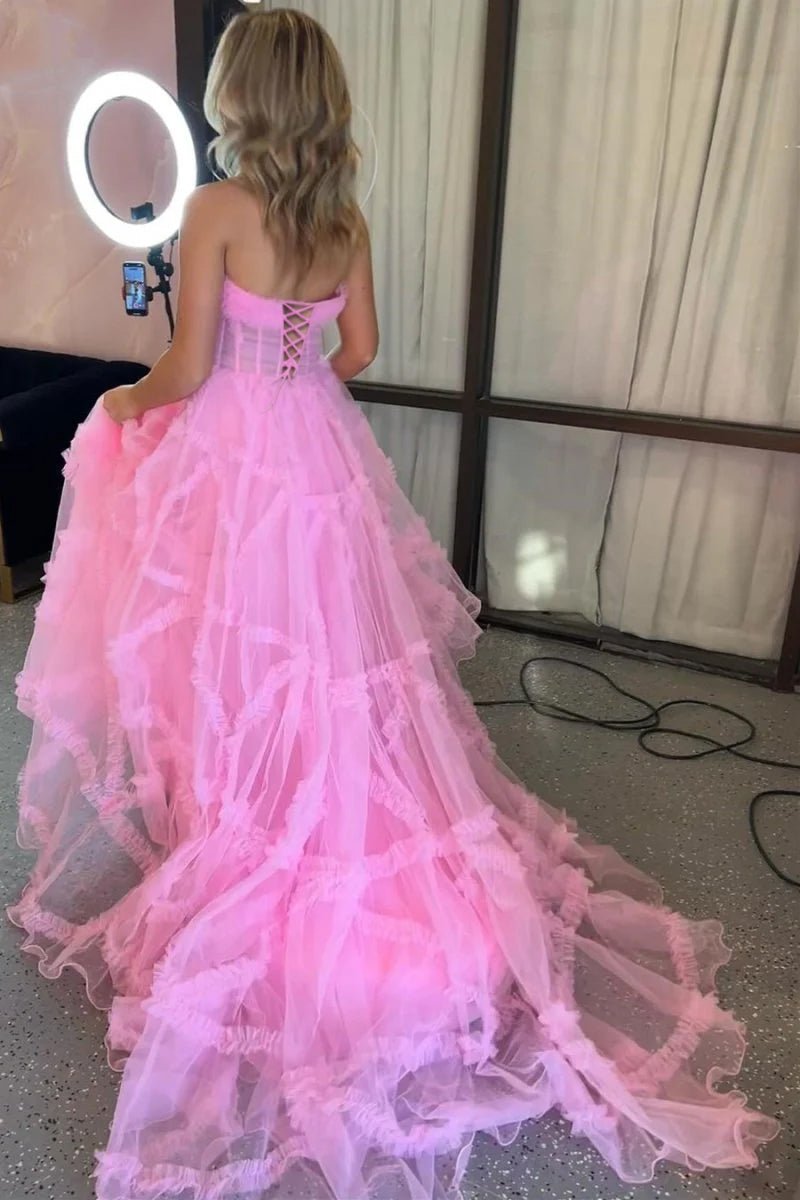 A-Line Strapless Ruffles Long Formal Dress with Puff Sleeves
