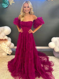 A-Line Strapless Ruffles Long Formal Dress with Puff Sleeves