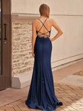 Cute Mermaid Spaghetti Straps Blue Satin Slit Prom Dress