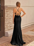 Cute Mermaid Spaghetti Straps Blue Satin Slit Prom Dress