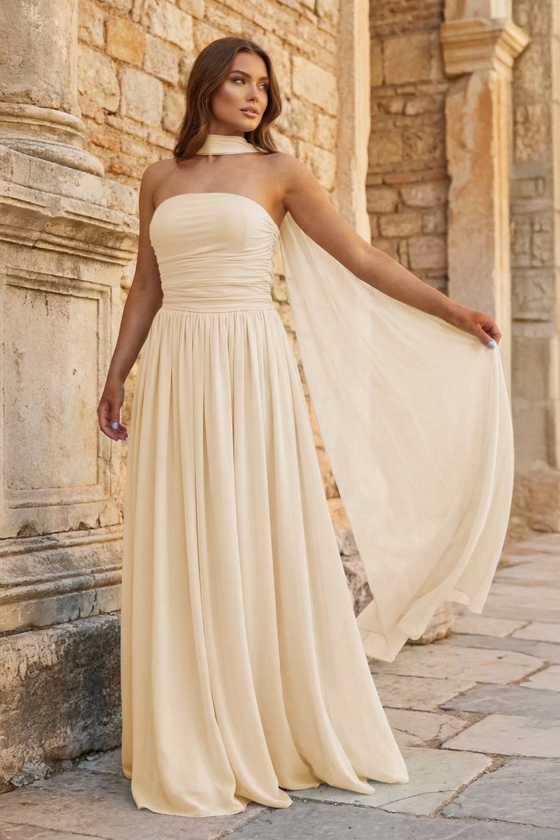 Sky Blue Strapless Chiffon Pleated A Line Long Prom Dresses With Scarf
