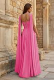 Sky Blue Strapless Chiffon Pleated A Line Long Prom Dresses With Scarf