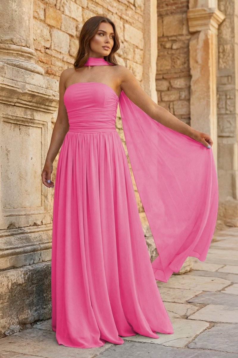 Sky Blue Strapless Chiffon Pleated A Line Long Prom Dresses With Scarf