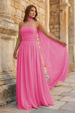 Sky Blue Strapless Chiffon Pleated A Line Long Prom Dresses With Scarf