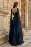 Sky Blue Strapless Chiffon Pleated A Line Long Prom Dresses With Scarf