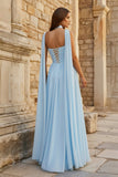 Sky Blue Strapless Chiffon Pleated A Line Long Prom Dresses With Scarf