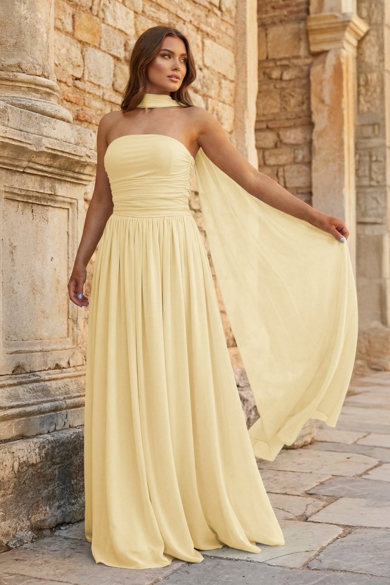 Sky Blue Strapless Chiffon Pleated A Line Long Prom Dresses With Scarf