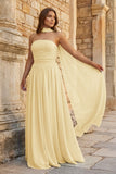 Sky Blue Strapless Chiffon Pleated A Line Long Prom Dresses With Scarf