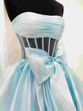 Ball Gown Strapless Organza Long Prom Dresses with Bow