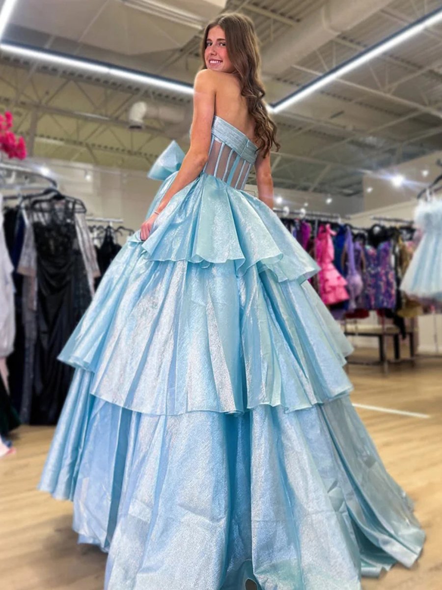 Ball Gown Strapless Organza Long Prom Dresses with Bow