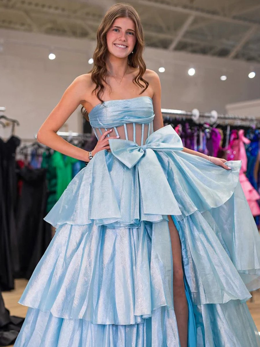 Ball Gown Strapless Organza Long Prom Dresses with Bow