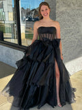 Ball Gown Strapless Organza Long Prom Dresses with Bow