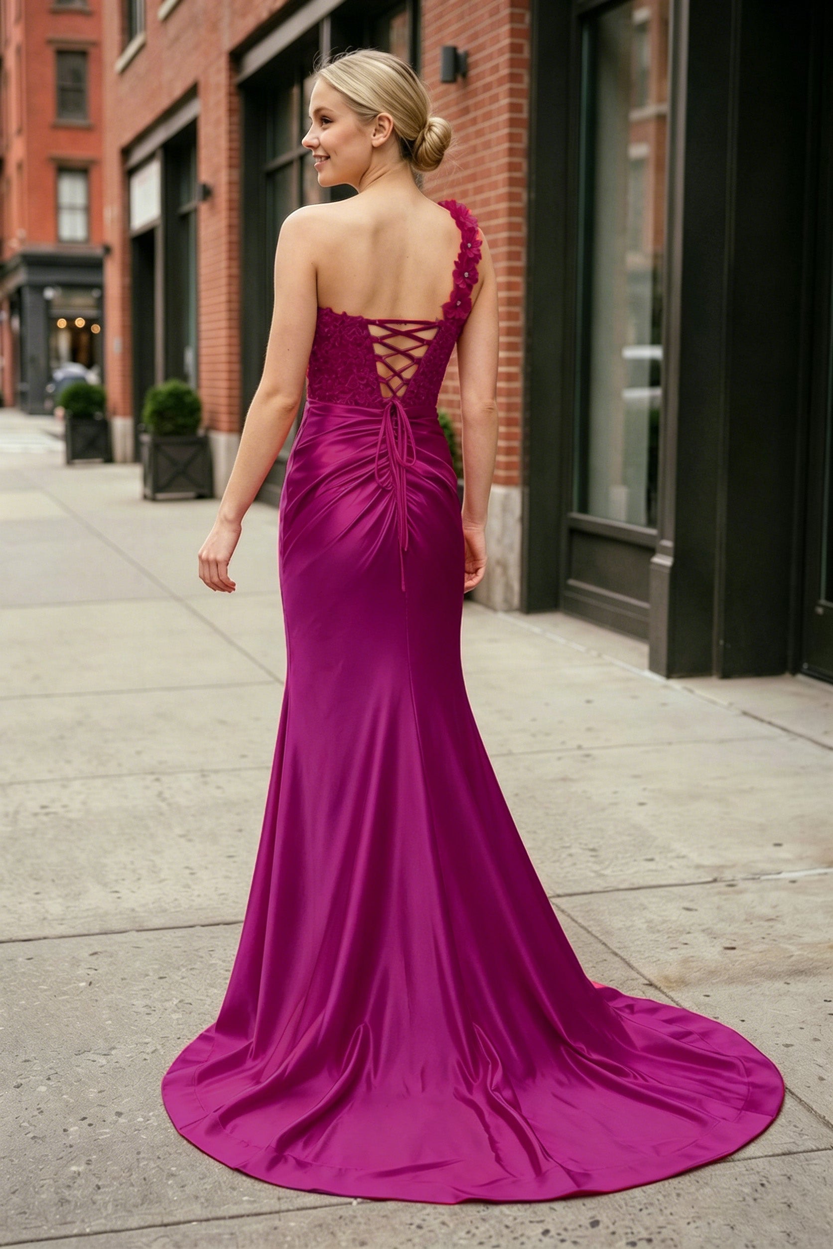 Red One-Shoulder 3D Floral Lace Pleated Long Gown with Slit